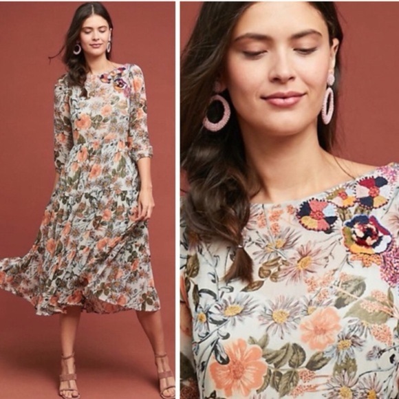 Anthropologie Meadow Rue Espalier Sheer Floral Embroidered Tunic Dress Size XS - Picture 1 of 14